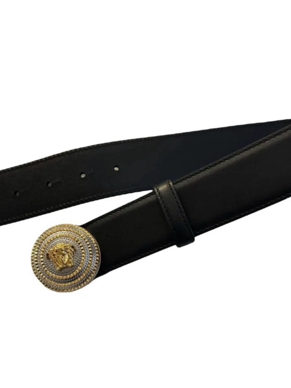 New Never Worn Versace Black Leather Belt with Gold Medusa Buckle